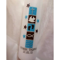 Taufkerze braun blau, Sterne, modern, für Jungs