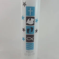Taufkerze braun blau, Sterne, modern, für Jungs