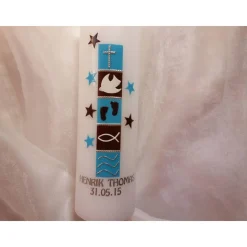 Taufkerze braun blau, Sterne, modern, für Jungs