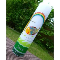 Taufkerze bunter Fisch, inkl. Beschriftungen, Mädchen, Jungen, Farbwünsche, Wachsverzierungen, keine Folie, Druck oder B