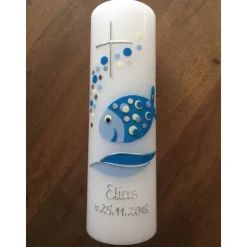 Taufkerze Fisch Kreuz Junge Mädchen Taufe Handarbeit keine Folie handgearbeite Wachsverzierungen und Beschriftungen