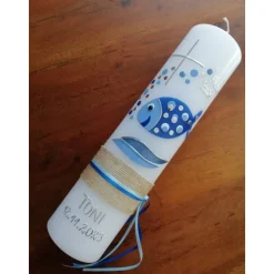 Taufkerze Fisch mit Spruch, bubble Fisch, blau inkl. Beschriftung