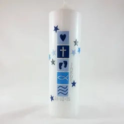 Taufkerze für Jungen, hellblau, Sterne, 250 x 70mm
