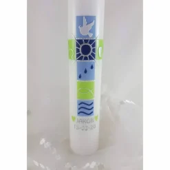 Taufkerze hellblau grün mit Taube