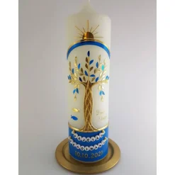 Taufkerze Jungen Lebensbaum blau gold Baum des Lebens Regenbogen Namenskette Name Datum Spruch individualisierbar