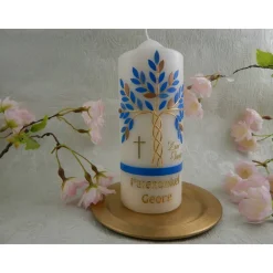 Taufkerze Jungen Lebensbaum blau gold Baum des Lebens Regenbogen Fische Sonne Name Datum Spruch individualisierbar