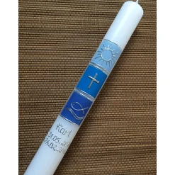 Taufkerze, Kommunionkerze, Jungen, Sonne, Kreuz, Fisch, Ichthys, blau, silber, Mädchen, Farbwünsche möglich