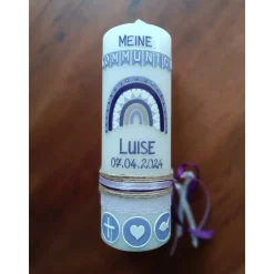 Taufkerze Kommunionkerze Regenbogen Kreuz Herz Fisch Mädchen lila flieder Farbwünsche auch für Jungen inkl Wachsbeschrif