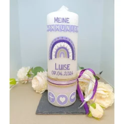 Taufkerze Kommunionkerze Regenbogen Kreuz Herz Fisch Mädchen lila flieder Farbwünsche auch für Jungen inkl Wachsbeschrif