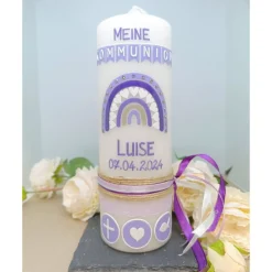 Taufkerze Kommunionkerze Regenbogen Kreuz Herz Fisch Mädchen lila flieder Farbwünsche auch für Jungen inkl Wachsbeschrif