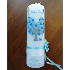 Taufkerze Kommunionkerze Kommunionskerze Jungen Lebensbaum Baum Kreuz modern klassisch Farbwünsche möglich