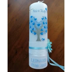 Taufkerze Kommunionkerze Kommunionskerze Jungen Lebensbaum Baum Kreuz modern klassisch Farbwünsche möglich