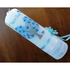 Taufkerze Kommunionkerze Kommunionskerze Jungen Lebensbaum Baum Kreuz modern klassisch Farbwünsche möglich