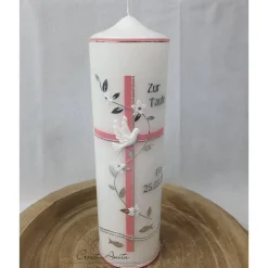 Taufkerze Kreuz - Altrosa-Silber mit Taube - Mädchen