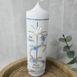 Taufkerze Kreuz - Hellblau-Silber mit Taube - Junge - personalisiert
