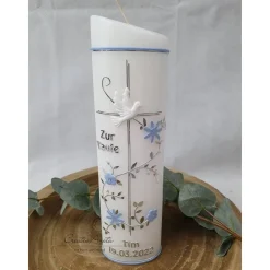 Taufkerze Kreuz - Hellblau-Silber mit Taube Ellipse schmal - Junge - personalisiert