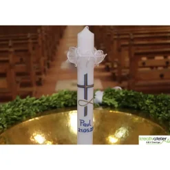 Taufkerze Kreuz, blau gold und Fischsymbol gold, Taufkerze für Jungen, personalisierbar mit Namen und Datum