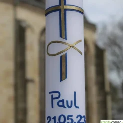 Taufkerze Kreuz, blau gold und Fischsymbol gold, Taufkerze für Jungen, personalisierbar mit Namen und Datum