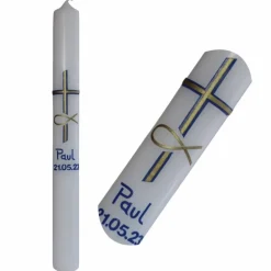 Taufkerze Kreuz, blau gold und Fischsymbol gold, Taufkerze für Jungen, personalisierbar mit Namen und Datum