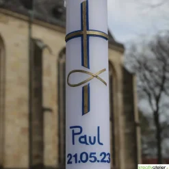 Taufkerze Kreuz, blau gold und Fischsymbol gold, Taufkerze für Jungen, personalisierbar mit Namen und Datum