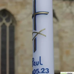 Taufkerze Kreuz, blau gold und Fischsymbol gold, Taufkerze für Jungen, personalisierbar mit Namen und Datum