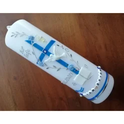 Taufkerze Kreuz Ranke blau Jungen Taufe Handarbeit keine Folie handgearbeite Wachsverzierungen und Beschriftungen