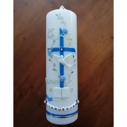 Taufkerze Kreuz Ranke blau Jungen Taufe Handarbeit keine Folie handgearbeite Wachsverzierungen und Beschriftungen
