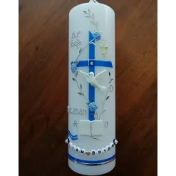 Taufkerze Kreuz Ranke blau Jungen Taufe Handarbeit keine Folie handgearbeite Wachsverzierungen und Beschriftungen