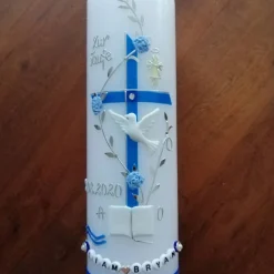 Taufkerze Kreuz Ranke blau Jungen Taufe Handarbeit keine Folie handgearbeite Wachsverzierungen und Beschriftungen
