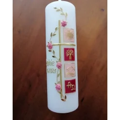 Taufkerze Kreuz Ranke rosa Mädchen Taufe Handarbeit keine Folie handgearbeite Wachsverzierungen und Beschriftungen