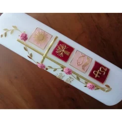 Taufkerze Kreuz Ranke rosa Mädchen Taufe Handarbeit keine Folie handgearbeite Wachsverzierungen und Beschriftungen