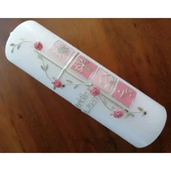 Taufkerze Kreuz Ranke rosa Mädchen Taufe Handarbeit keine Folie handgearbeite Wachsverzierungen und Beschriftungen