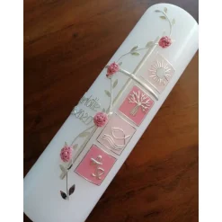 Taufkerze Kreuz Ranke rosa Mädchen Taufe Handarbeit keine Folie handgearbeite Wachsverzierungen und Beschriftungen
