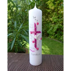 Taufkerze Kreuz Ranke Taube Mädchen Taufe Handarbeit keine Folie handgearbeite Wachsverzierungen und Beschriftungen