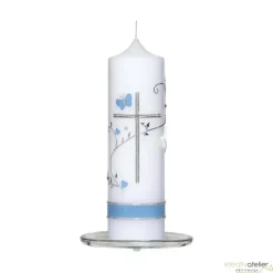 Taufkerze Kreuz, Schmetterling, Taube, Blumenranke, blau für Jungen oder rosa für Mädchen, personalisierbar