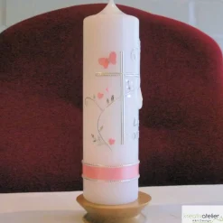 Taufkerze Kreuz, Schmetterling, Taube, Blumenranke, blau für Jungen oder rosa für Mädchen, personalisierbar