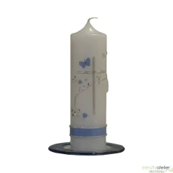 Taufkerze Kreuz, Schmetterling, Taube, Blumenranke, blau für Jungen oder rosa für Mädchen, personalisierbar