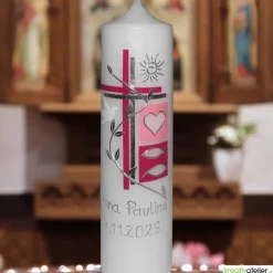 Taufkerze Kreuz, Schmetterling, Taube, Blumenranke, blau für Jungen oder rosa für Mädchen, personalisierbar