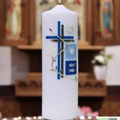Taufkerze Kreuz, Schmetterling, Taube, Blumenranke, blau für Jungen oder rosa für Mädchen, personalisierbar