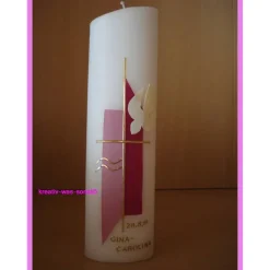 Taufkerze Kreuz Taufwasser Taube altrosa bordeaux incl. Name und Datum