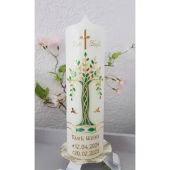 Taufkerze Lebensbaum – Personalisiert mit Name & Datum – Schlichte Taufe Kerze – Natur Design