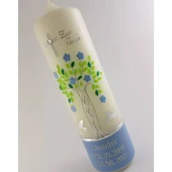 Taufkerze  Lebensbaum blau silber grün Baum des Lebens Tauben Kreuz Name Datum Spruch individualisierbar