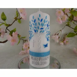 Taufkerze  Lebensbaum blau silber grün Baum des Lebens Tauben Kreuz Name Datum Spruch individualisierbar