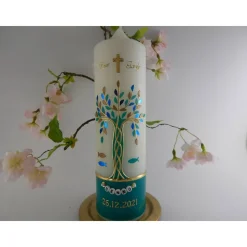 Taufkerze  Lebensbaum grün gold Baum des Lebens Jungen Mädchen Namenskette Name Datum Spruch