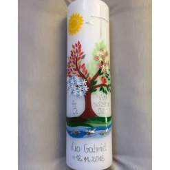 Taufkerze Lebensbaum Jahreszeiten Kreuz Taufe Handarbeit keine Folie handgearbeite Wachsverzierungen u. Beschriftungen