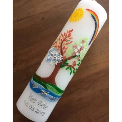 Taufkerze Lebensbaum Jungen Mädchen Sonne Regenbogen Jahreszeiten Fische Ichthys Wachsverzierungen Wachsbeschriftungen !