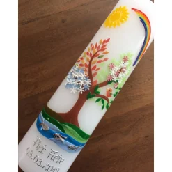 Taufkerze Lebensbaum Jungen Mädchen Sonne Regenbogen Jahreszeiten Fische Ichthys Wachsverzierungen Wachsbeschriftungen !