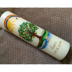 Taufkerze Lebensbaum Kreuz Sonne Regenbogen Junge Mädchen Taufe Handarbeit keine Folie handgearbeite Wachsverzierungen