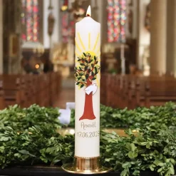 Taufkerze Lebensbaum mit Sonne und Taube, liebevoll von Hand verzierte Taufkerze für Junge oder Mädchen, personalisierb.
