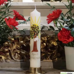 Taufkerze Lebensbaum mit Sonne und Taube, liebevoll von Hand verzierte Taufkerze für Junge oder Mädchen, personalisierb.